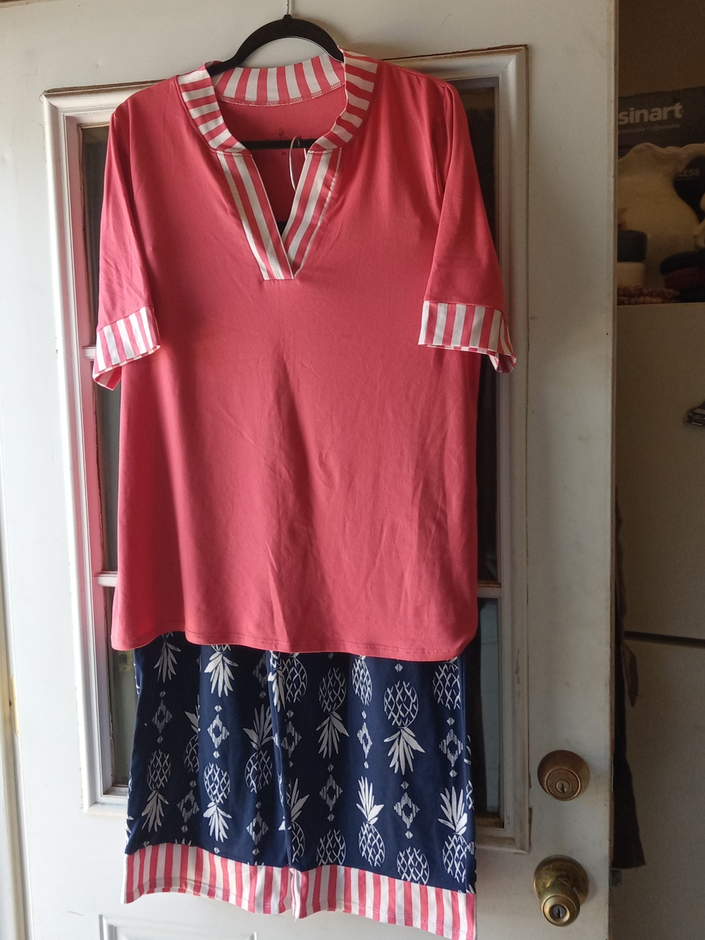 Cuddl Duds Coral & Navy Two-Piece Pajama Set with Striped Trim NWOT